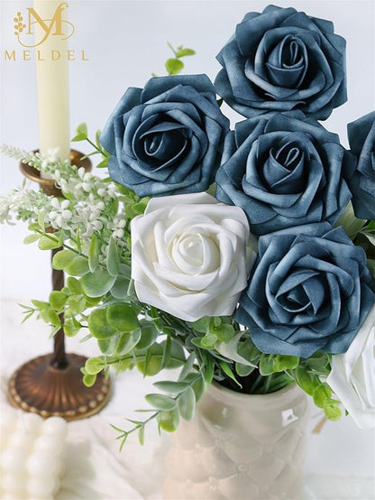 Meldel Artificial Flowers 25pcs Real Looking Dutch Blue Dusty Blue Foam Fake Roses with Stems for DIY Wedding Bouquets Bridal Shower Centerpieces Floral Arrangements Home Decorations