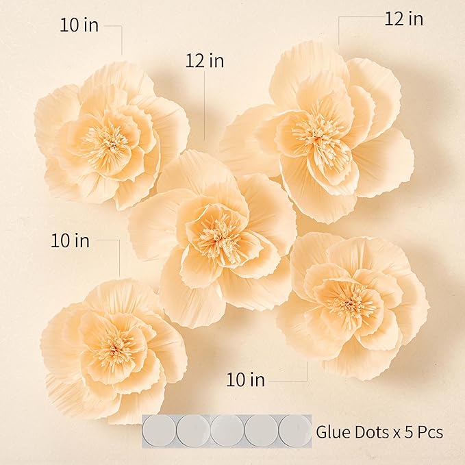 5 Pcs 12" 3D Paper Flower Decoration for Party, Wedding Decoration, Background Wall, Nursery Room Decoration, Bridal Shower, Baby Shower(Cream, Set/5)
