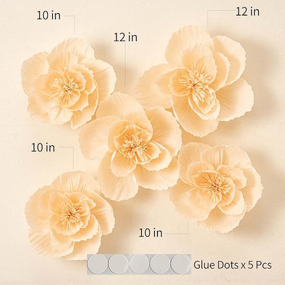 5 Pcs 12" 3D Paper Flower Decoration for Party, Wedding Decoration, Background Wall, Nursery Room Decoration, Bridal Shower, Baby Shower(Cream, Set/5)
