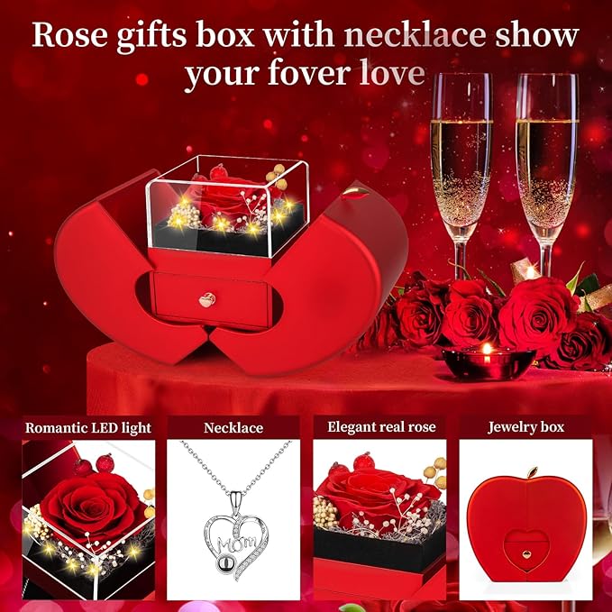 Gifts for Mom from Daughter and Son, Unique Mother Birthday Gift Idea, Preserved Red Real Roses with I Love You in 100 Languages Mom Necklace, Cool Present to Mother Mama -Red