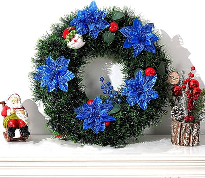 24 Pcs Royal Blue Boxed Christmas Poinsettia Flowers Set, 16 Pcs Artificial Poinsettias with Clips, 8 pcs Glitter Christmas Tree Ornaments Berry Stems for Wedding Home Holiday Xmas Decorations