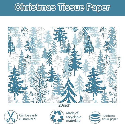 Whaline 100 Sheets Christmas Tissue Paper Blue Xmas Tree Gift Wrapping Paper Decorative Art Paper for Winter Home Party DIY Crafts Supplies, 14 x 20 Inch