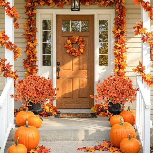 MACTING Artificial Fall Flowers for Outdoors 12 Bundles Faux Mums Plants Fake Silk Outdoor Flowers UV Resistant No Fade for Planters Front Door Porch Patio Outside Thanksgiving Autumn Decor,Orange