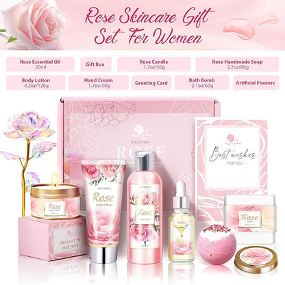 Gifts for Women, Happy Birthday Gifts for Women, Christmas Bath and Body Gifts for Woman with Unique Rose Self Care Gift, Home Spa Gift Basket for Mom, Girlfriend, Sister, Female Friends, Coworker