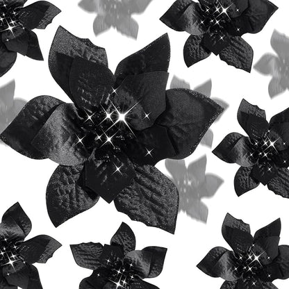 WILLBOND 24 Pcs 3 Size Poinsettia Flower Artificial Christmas Decor Glitter Poinsettia Christmas Ornaments Faux Flowers for Xmas Tree Outdoor(4/6/7.9 Inches,Black)