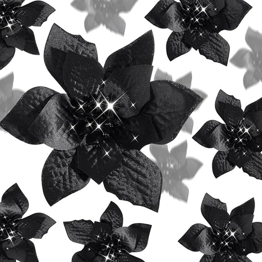 WILLBOND 24 Pcs 3 Size Poinsettia Flower Artificial Christmas Decor Glitter Poinsettia Christmas Ornaments Faux Flowers for Xmas Tree Outdoor(4/6/7.9 Inches,Black)