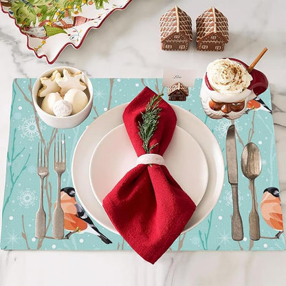 Christmas Snowflakes Placemats Set of 4,Bullfinch Placemats Dining Table Mat Set,12x18 Washable Stain Resistant Wipeable Cloth Placemat for Kitchen Buffet Parties