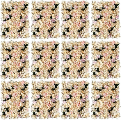LOYALHEARTDY 12 Pack Artificial Flower Wall Panels 24" x 16" Khaki Faux Hydrangea and Rose Artificial Flower Backdrop Panels for Wedding Party Event Flower Wall Decor