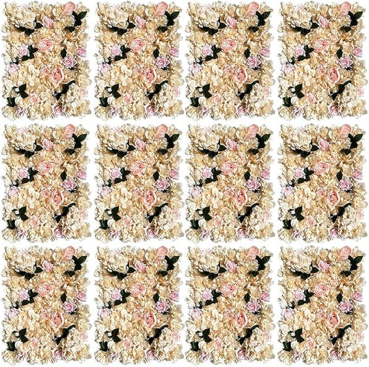 LOYALHEARTDY 12 Pack Artificial Flower Wall Panels 24" x 16" Khaki Faux Hydrangea and Rose Artificial Flower Backdrop Panels for Wedding Party Event Flower Wall Decor
