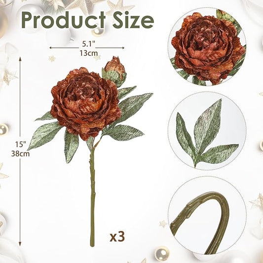 Briful 3PCS Artificial Christmas Peony Flower Stems, 15in Silk Peonies with Bud Fake Peony Floral Arrangement for Xmas Home Vase Party Wedding Bouquet Decor, Bronze