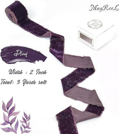 MAYREEL 2 Inch Plum Velvet Ribbon Hand Torn Dark Purple Silk Frayed Edge for Bridal Bouquets Invitations Wedding Vow Books Gift Baskets Hair Bows 3 Yards