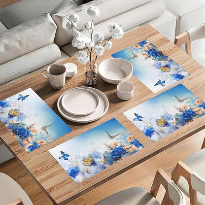 Flying Butterfly Placemats Set of 4, Blue Flowers 12x18 Inch Non-Slip Washable Heat Resistant Linen Fabric Table Mats,Place Mats for Holiday Party