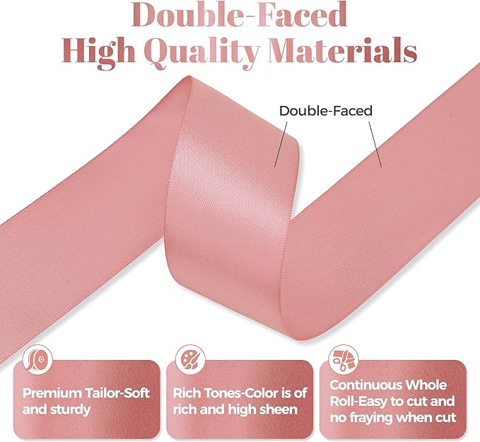 Rose Gold Satin Ribbon, Double Faced 1-1/2 Inch X 25 Yards Rose Gold Ribbon, Premium Satin Ribbons for Gift Wrapping, Crafts, Hair Bow Making, Sewing, Flower Bouquet, Wedding Party Decor