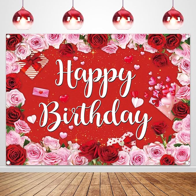 Rose Happy Birthday Backdrop for Women Red Pink Floral Birthday Photography Background Girl Flower Party Decorations Banner Booth Props (7x5FT(82 x 59 inch))