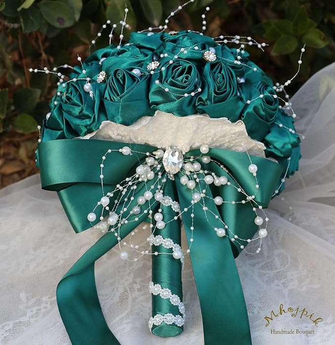 Bridal Wedding Bouquet Round Bling Brooch Bouquet Throw Toss Artificial Rose Flower Bunch for Bride Bridesmaid Wedding Quinceanera(Dark Green, 7.5")