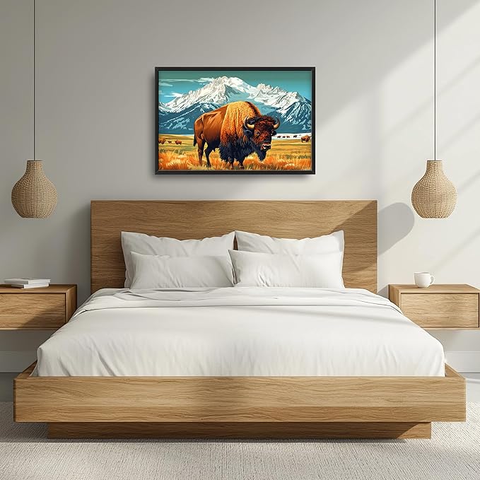 Bison Cow Large Decor Framed Wall Art Western Mountain Pictures for Living Room, Animal Oversized Canvas Print Painting Modern Extra Large Framed Artwork for Bedroom Office Home Decor 36"x24"