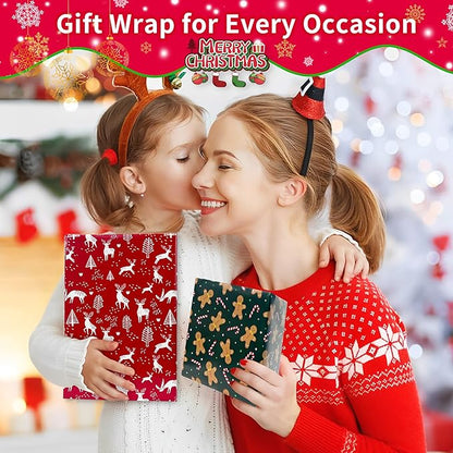 Christmas Wrapping Paper for Gifts (4 Rolls: 93 sq. ft. ttl) Funny Candy Cane Santas, Reindeer, Christmas Tree, Snowflakes - 17 inches x 16.5 feet Per Roll