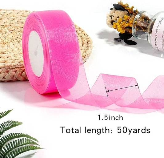 1.5 inch Sheer Organza Ribbon Hot Pink Chiffon Ribbon for Gift Wrapping Christmas Halloween Decoration Wedding Bouquet Crafts 50 Yards