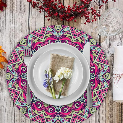 Mandala Round Placemat Set of 4 Elegant Linen Table Mats for Dining, Heat Resistant, Stain Resistant Perfect for Dinner Parties, Restaurants, and Everyday Use