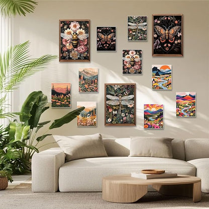 Retro Insect Bee Butterfly Dragonfly Wall Art Set Of 3 12x16In Wood Framed, with 9 Bonus Posters 8"x10", Nature plant Canvas Decoration Paintings Artwork for Office Bedroom Living Room Home Decor