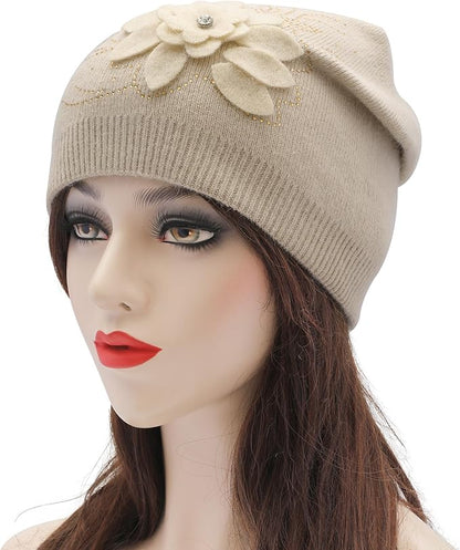 ZLYC Women Floral Slouchy Beanie Hat Double Layer Winter Knit Skull Cap