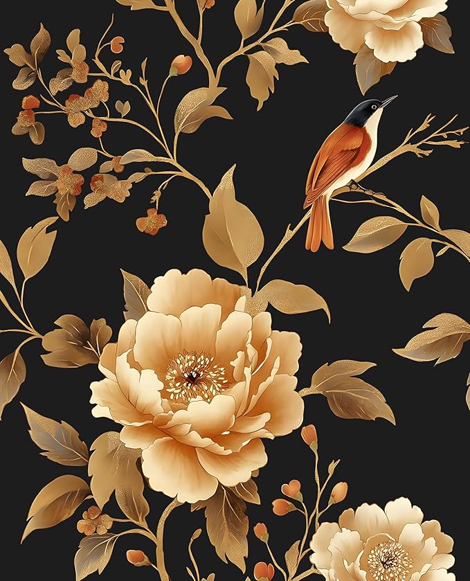 Vintage Floral Bird Wallpaper Peel and Stick Boho Wallpaper 17.5in x118in Black/Golden Floral Wall Mural Waterproof Self-Adhesive Modern Wall Paper for Bedroom Kitchen Cabinet Drawer Decor