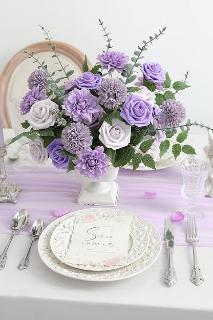 Artificial Flowers Combo Box Set Gradient Color Flower Leaf with Stems for DIY Wedding Bouquets Centerpieces Baby Shower Party Home Decorations (Lavender Purple)