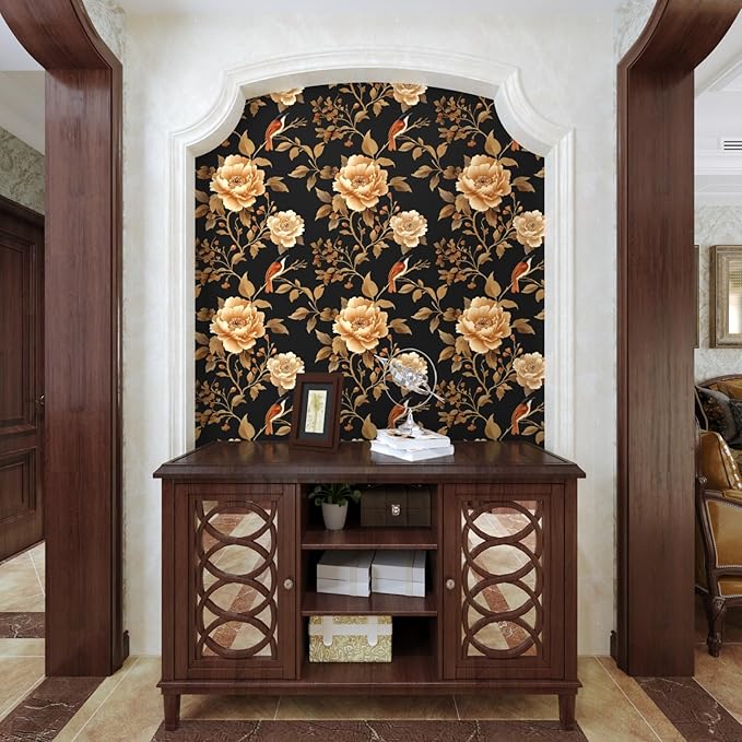 Vintage Floral Bird Wallpaper Peel and Stick Boho Wallpaper 17.5in x118in Black/Golden Floral Wall Mural Waterproof Self-Adhesive Modern Wall Paper for Bedroom Kitchen Cabinet Drawer Decor
