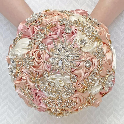 Handmade Satin Rose Floral Bling Pearl Decor Bridal Wedding Bouquet Rhinestone Pendant Artificial Brooch Flowers for Bride Bridesmaid Quinceanera