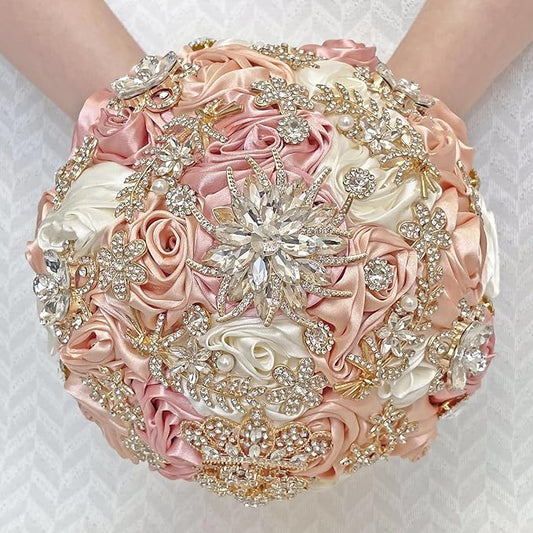 Handmade Satin Rose Floral Bling Pearl Decor Bridal Wedding Bouquet Rhinestone Pendant Artificial Brooch Flowers for Bride Bridesmaid Quinceanera