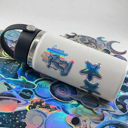 50 Pcs Holographic Space Stickers, Galaxy Vinyl Decals with Cosmic Cartoon Graffiti, Blue Aesthetic Waterproof Stickers for Laptop, Water Bottles, Scrapbook for Teens Adults