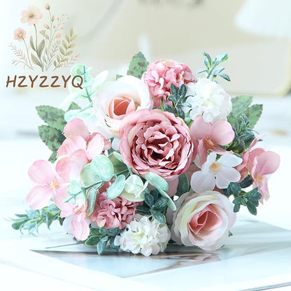 4 Pack Artificial Peony Flowers, Silk Peonies Flowers Fake Peonies Artificial Flowers Peonies Hydrangea Bouquet for Centerpiece Table Wedding Party Home Decor (Pink + White)