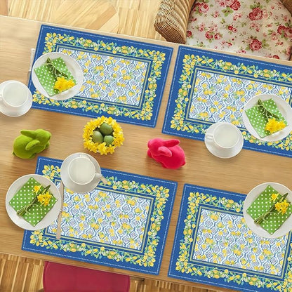 Lemon Placemats Set of 4, Farmhouse Blue Yellow Fruits Spring Summer Double-Sided Table Mats for Kitchen Dining Room Home Party Indoor Decor 4 PCS 12x18 Inch