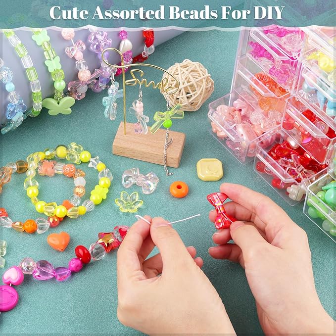 Assorted 210-270PCS Acrylic Beads for Bracelet Making, Bow Candy Heart Gummy Bear Kawaii Bracelet Charms,Cute Beads for Jewelry Making DIY Necklace Keychain Phone Charm Christmas Gift