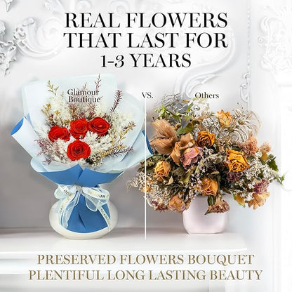 GLAMOUR BOUTIQUE Preserved Flowers Bouquet - Flowers Forever in a Box with Hydrangeas & More, Gift Ready for Anniversary, Birthday, Mother's Day, Long-Lasting 1-3 Years - Orange