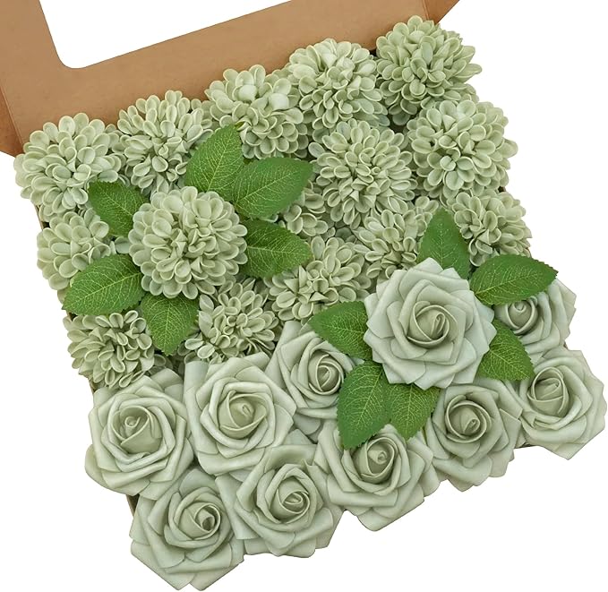 Artificial Flowers, 25pcs Sage Green Artificial Rose for DIY Wedding Bouquets Centerpieces Arrangements, Sage Green Rose and Dahlia Flowers with Stem for Bridal Shower Party Home Decorations