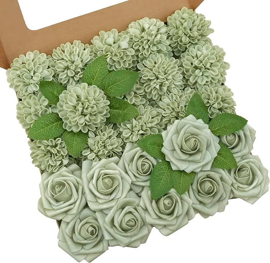 Artificial Flowers, 100pcs Sage Green Artificial Rose for DIY Wedding Bouquets Centerpieces Arrangements, Sage Green Rose and Dahlia Flowers with Stem for Bridal Shower Party Home Decorations