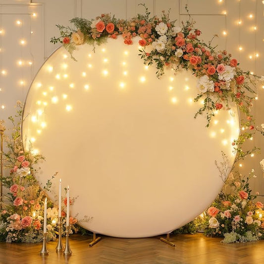 6.6 FT White Round Backdrop Cover with Lights String for Circle Arch Stand Circle Backdrop Covers with LED Fairy Lights for Wedding Arch Baby Shower Birthday Party Photo Shoot Photography Background
