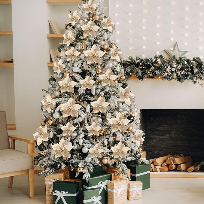 Boao 24 Pieces Christmas Artificial Glitter Poinsettia Flowers Xmas Flowers Wedding Christmas Tree New Year Ornaments(Champagne)