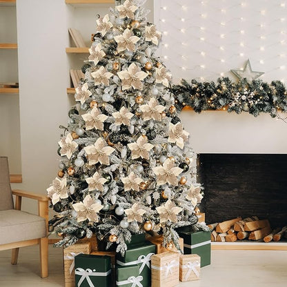 Boao 24 Pieces Christmas Artificial Glitter Poinsettia Flowers Xmas Flowers Wedding Christmas Tree New Year Ornaments(Champagne)