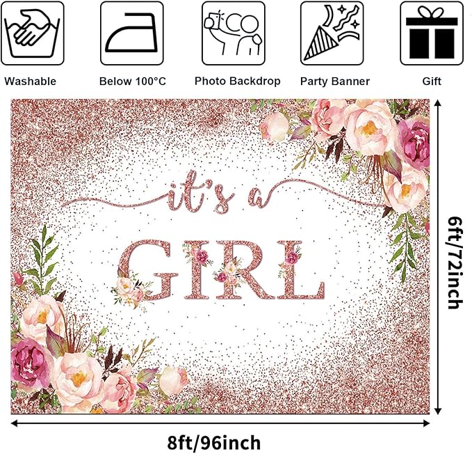 Avezano Rose Gold Baby Shower Backdrop for Girls Party Blush Pink Floral It's a Girl Baby Shower Photography Background Rose Gold Glitters Confetti Decoration Photoshoot Events Banner (8x6ft)