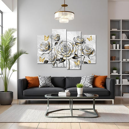 sechars Rose Wall Art Decor Grey and Gold Floral Pictures Painting Flower with Butterflies Canvas Prints Framed