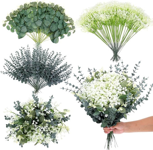 Eucalyptus Leaves Stems 120pcs 3 Kinds Mixed Artificial Greenery Stems Baby Breath Flowers Artificial Bulk Greenery Stem Floral Decor for Wedding Decor Vase Floral Arrangement Centerpiece DIY Bouquet