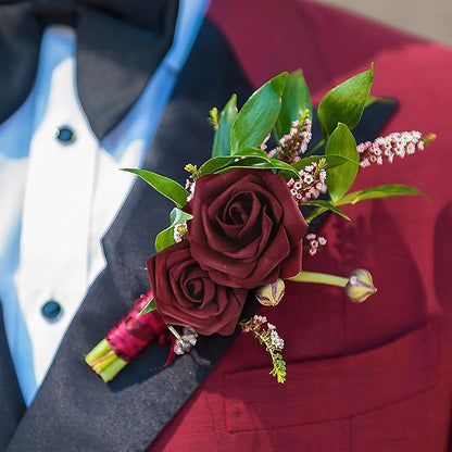 Mocoosy 50Pcs Burgundy Roses Artificial Flower, Burgundy Fake Roses for Decoration, Real Touch Foam Rose Bulk with Stem DIY Wedding Bouquet Centerpiece Floral Arrangement Bride Shower Party Home Decor