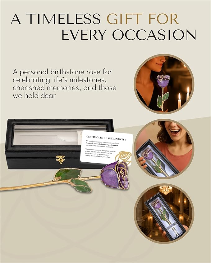 Forever Rose Hand-Dipped in 24K Gold, Amethyst-Inspired February Birthstone with Sparkles, Real Rose in Leather Case with LED Light – Perfect Ready to Gift for February Birthday or Any Occasion