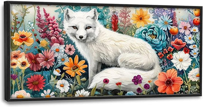 Framed Large Pictures Wall Art for Living Room, White Fox Oversized Wall Decor Animal Floral Canvas Print Painting Modern Extra Large Framed Artwork for Bedroom Office 60"x30"