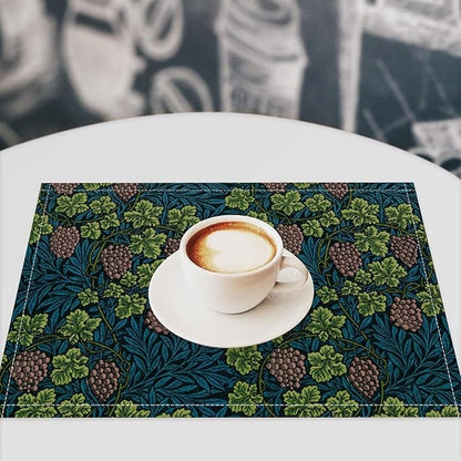 William Morris Vintage Botanical Placemats Set of 6, Retro Grapes Vines Flower Boho Plant Place Mats, Heat Resistant Non Slip Cotton Linen Dining Table Mats for Home Kitchen Party 18x12 Inch