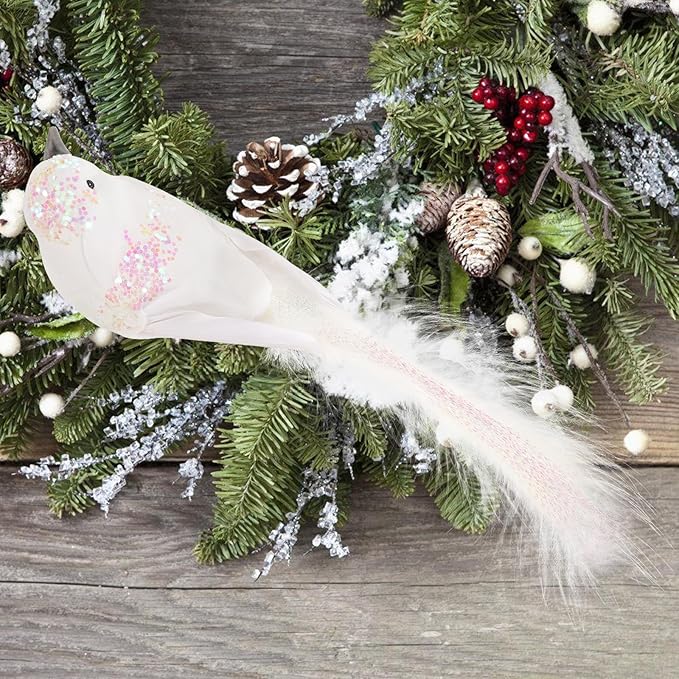 Cosweet 12 Pcs Artificial Christmas Dove Birds with Clip, White Feather Xmas Tree Ornament Wreath Flower Arrangement Supplies for Party Wedding Decor DIY Craft Gifts