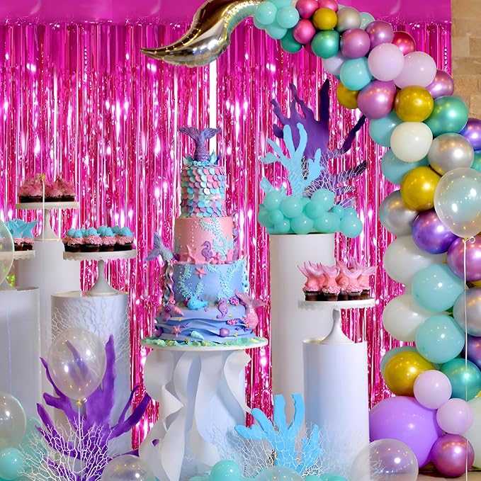 Keyali 2 Pack 3.3 * 8.3 ft Foil Curtain Metallic Tinsel Fringe Curtains Photo Booth Props Backdrop for Birthday Wedding Engagement Baby Shower Christmas Holiday Celebration Partyl,Hot Pink