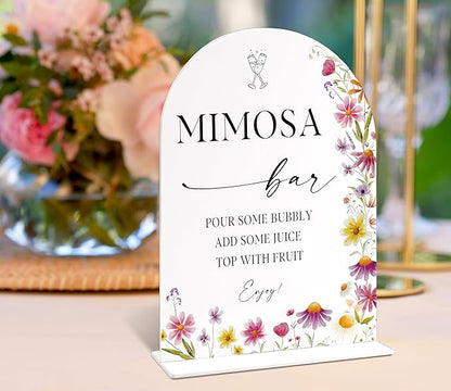 Mimosa Bar Sign for Wedding Table Decor, Wild Flower Arch Acrylic Wedding Signs for Reception, Floral Bridal Shower Engagement Party Decorations for Baby In Bloom Baby Shower